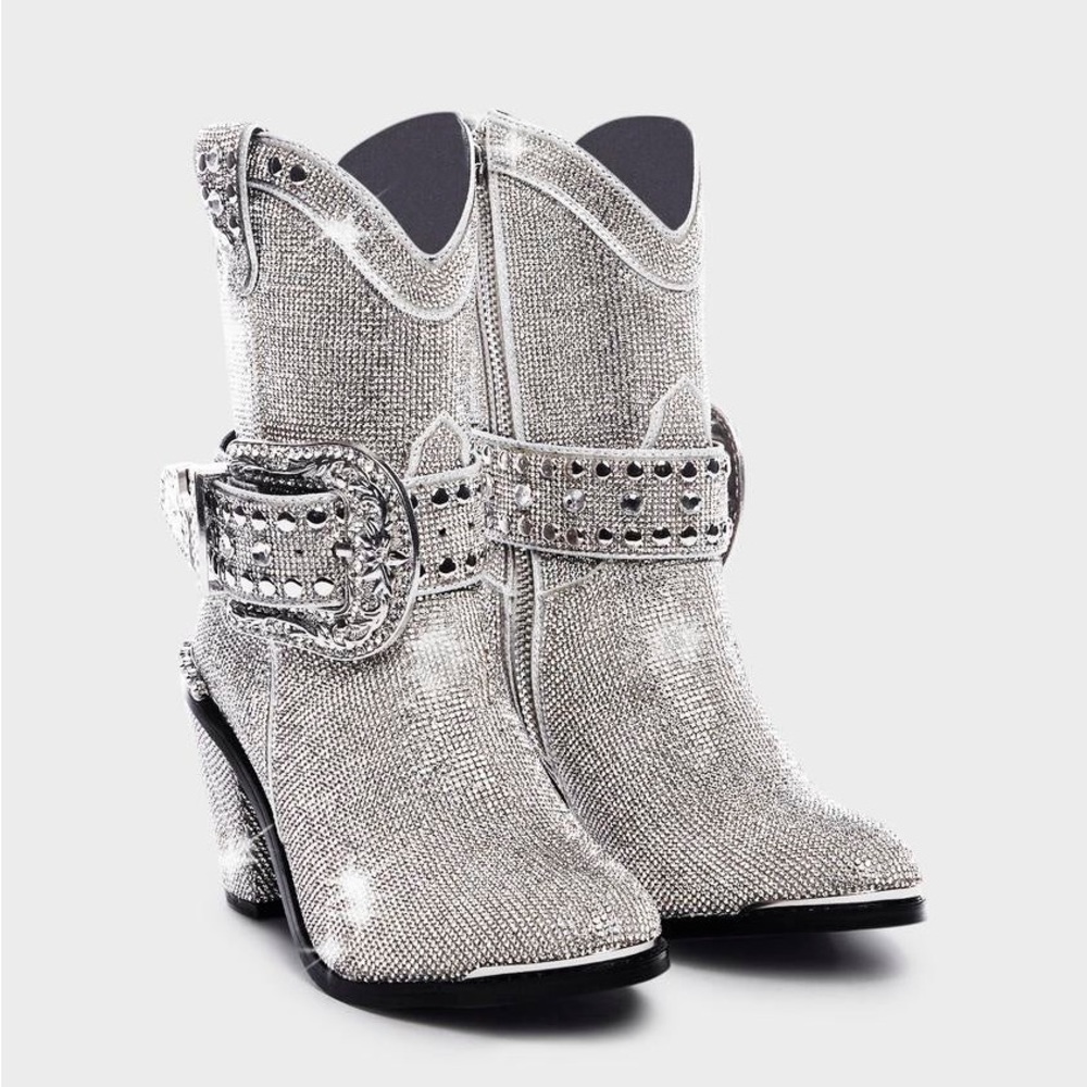 Dolls kill Club Exx Sheriff Shine Cowboy boots size 9 silver rhinestone diamond